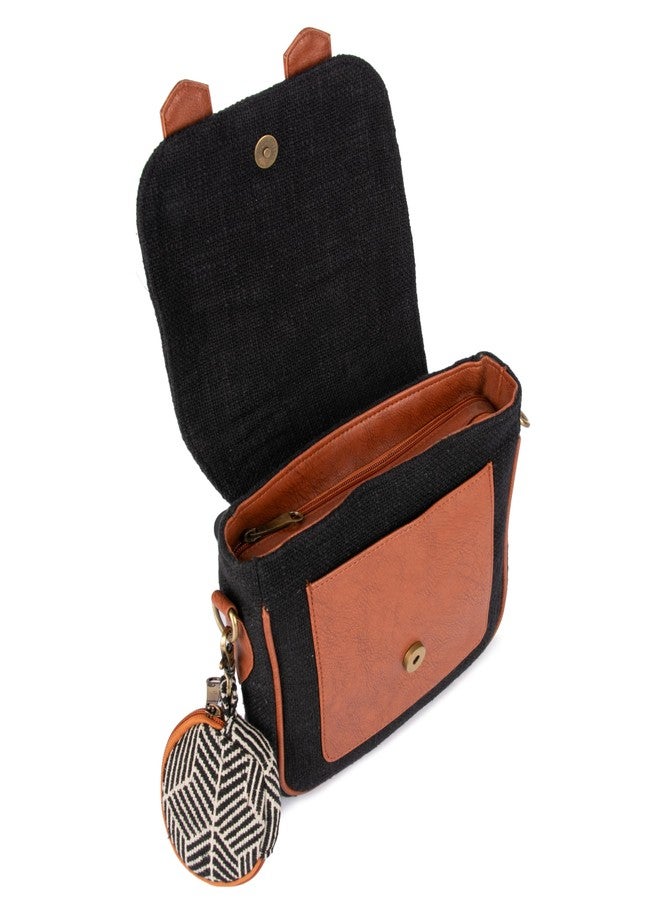 BHASTRA Black Saddle Handloom Sling Bag with Dual Compartments & Jacquard Adjustable Detachable Strap | Compact Sling Bag with Front Pocket, Back Zip & Coin Pouch - Handloom Fabric Design - Image 5